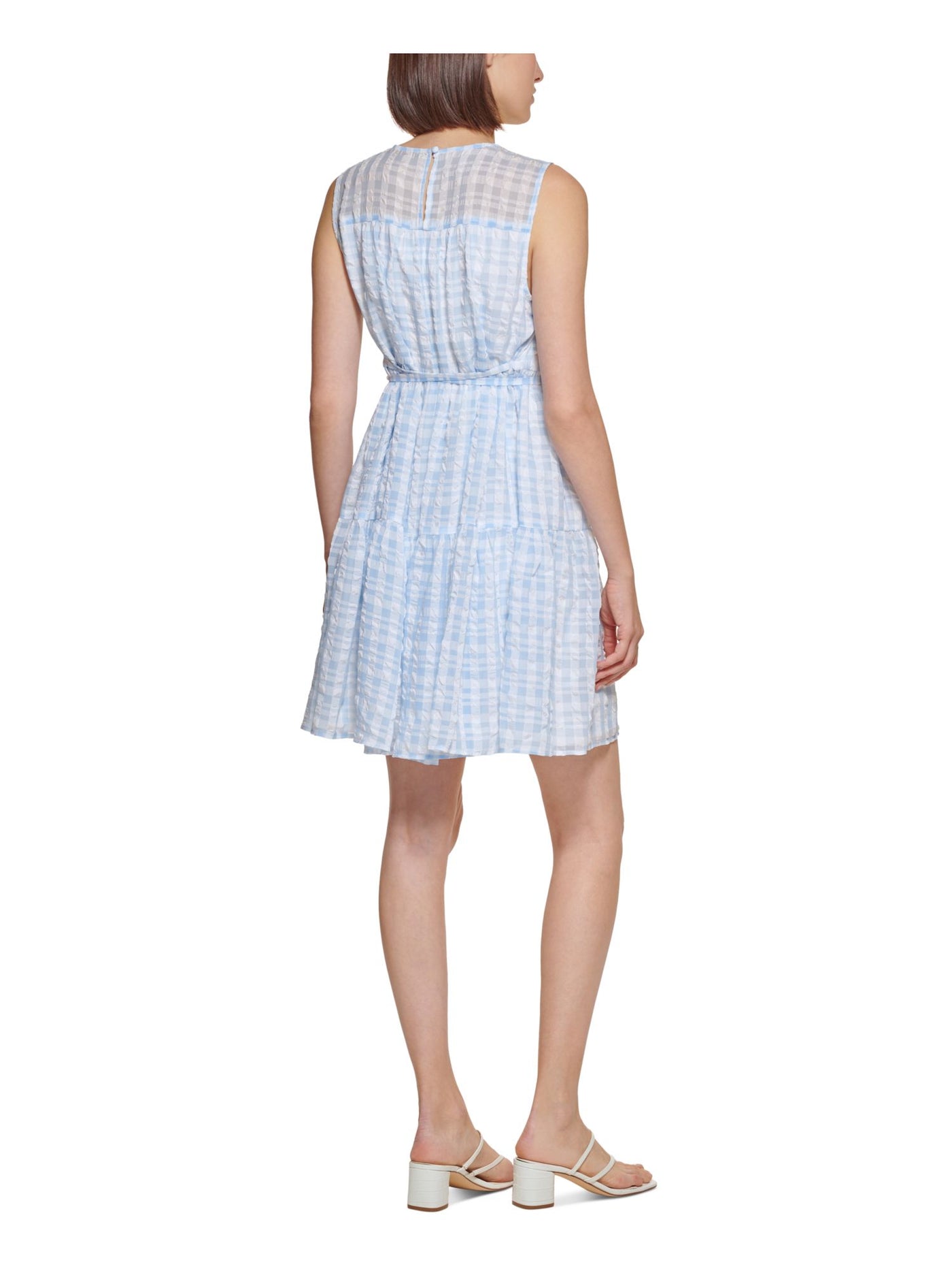 CALVIN KLEIN Womens Light Blue Sheer Lined Self Tie Waist Keyhole Bac Gingham Sleeveless Round Neck Above The Knee Shift Dress 14