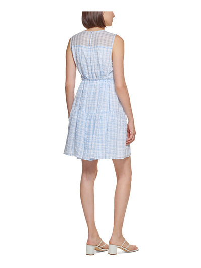 CALVIN KLEIN Womens Light Blue Sheer Lined Self Tie Waist Keyhole Bac Gingham Sleeveless Round Neck Above The Knee Shift Dress 14