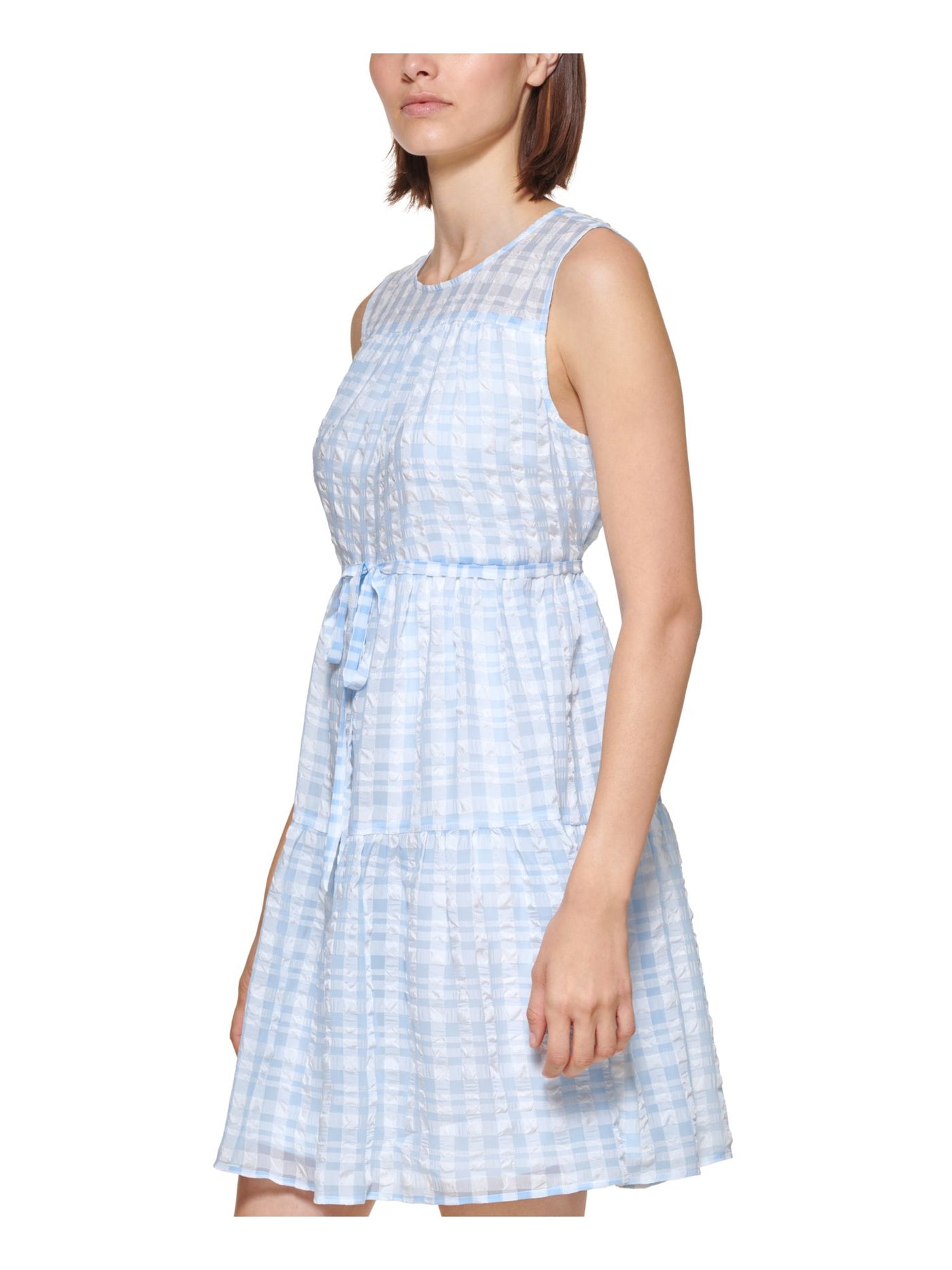 CALVIN KLEIN Womens Light Blue Sheer Lined Self Tie Waist Keyhole Bac Gingham Sleeveless Round Neck Above The Knee Shift Dress 14