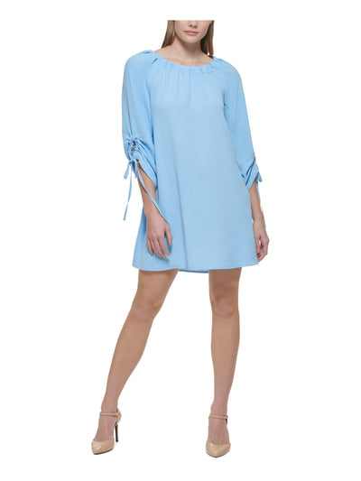 CALVIN KLEIN Womens Blue Ruched Tie Pullover Unlined 3/4 Sleeve Boat Neck Short Shift Dress 4