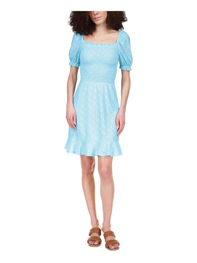 MICHAEL KORS Womens Aqua Smocked Eyelet Peasant Dress Ruffled Logo Plate Pouf Sleeve Square Neck Above The Knee Dress M