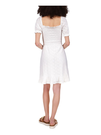 MICHAEL MICHAEL KORS Womens White Eyelet Smocked Peasant Dress Pullover Ruffled Pouf Sleeve Square Neck Above The Knee Dress Petites P\M