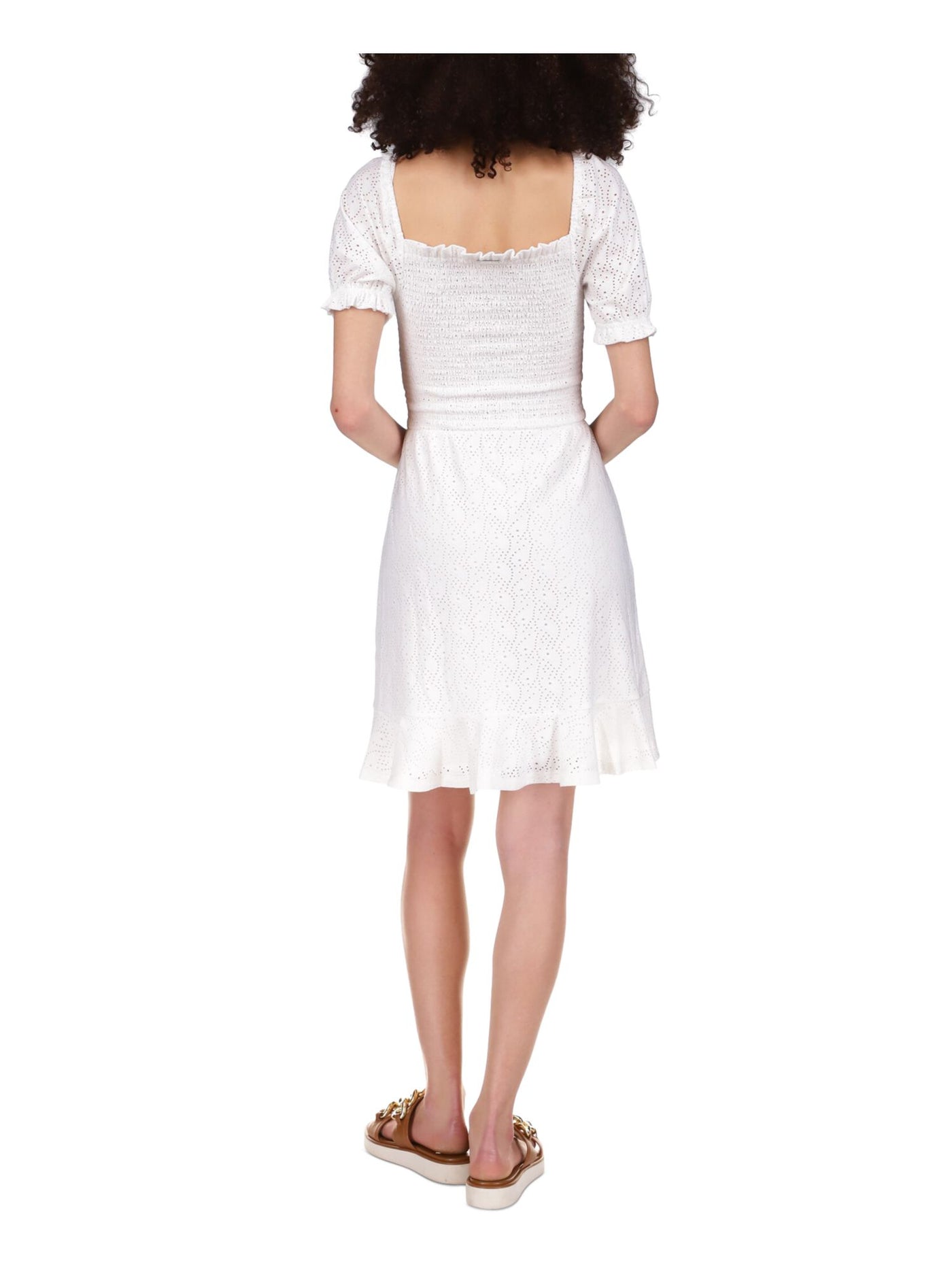 MICHAEL MICHAEL KORS Womens White Smocked Eyelet Peasant Dress Ruffled Logo Plate Pouf Sleeve Square Neck Above The Knee Dress XS