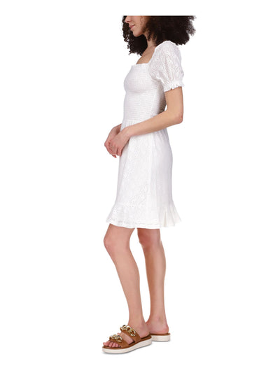 MICHAEL MICHAEL KORS Womens White Smocked Eyelet Peasant Dress Ruffled Logo Plate Pouf Sleeve Square Neck Above The Knee Dress M