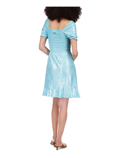MICHAEL MICHAEL KORS Womens Turquoise Metallic Unlined Ruffle Hem Floral Pouf Sleeve Square Neck Above The Knee Evening Peasant Dress L