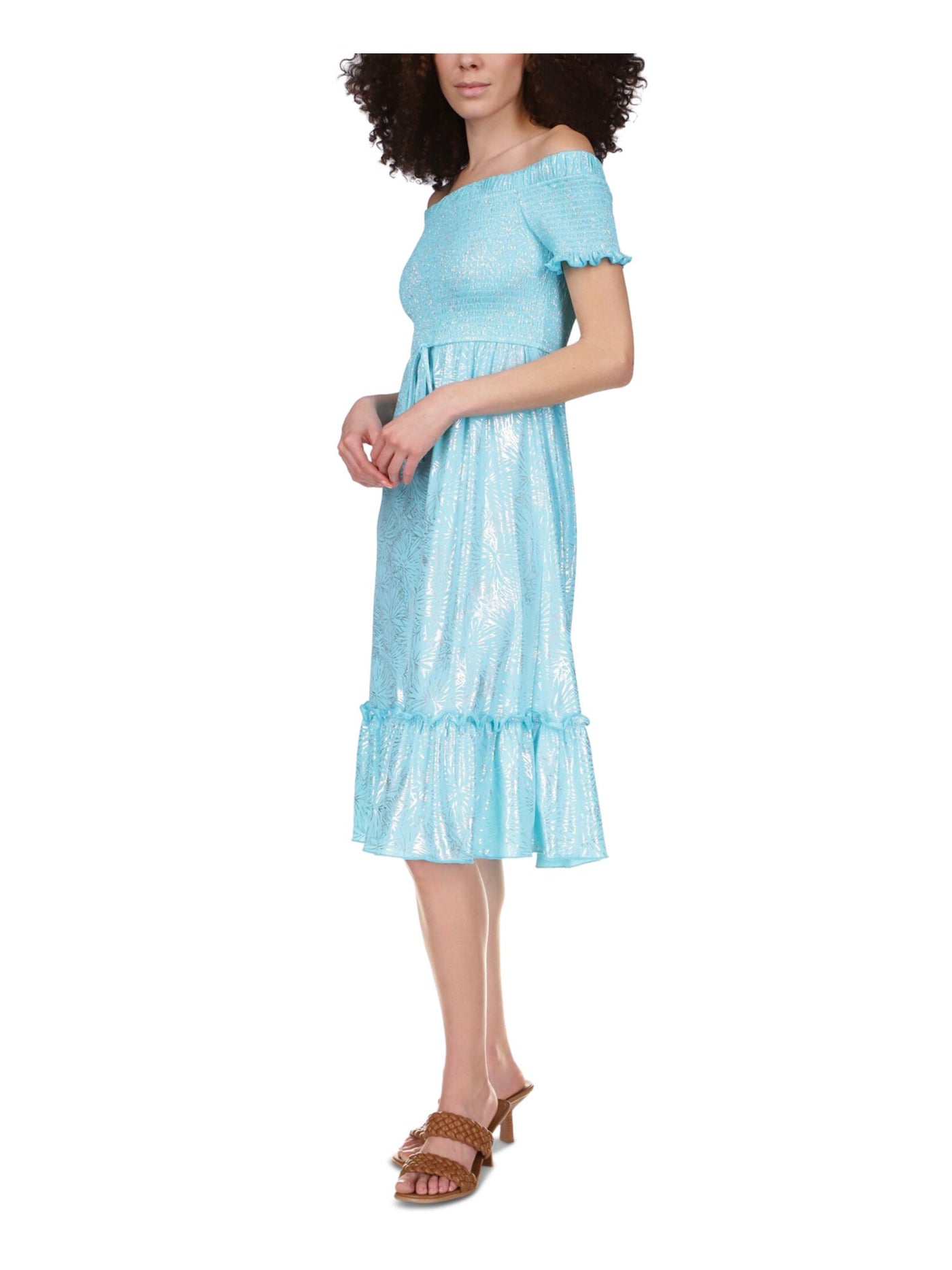 MICHAEL MICHAEL KORS Womens Turquoise Smocked Ruffled Drawstring Waist Short Sleeve Off Shoulder Midi Party Fit + Flare Dress S