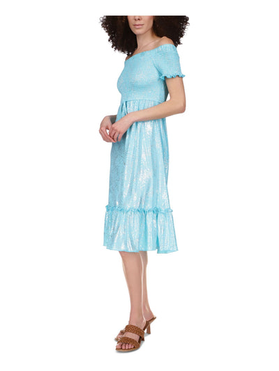 MICHAEL MICHAEL KORS Womens Turquoise Smocked Ruffled Drawstring Waist Short Sleeve Off Shoulder Midi Party Fit + Flare Dress S