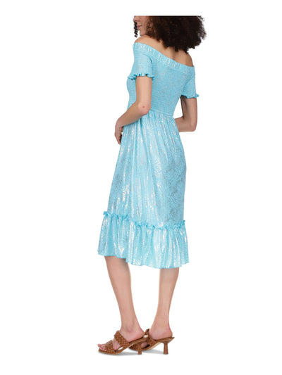 MICHAEL MICHAEL KORS Womens Aqua Metallic Unlined Ruffle Hem Floral Pouf Sleeve Square Neck Above The Knee Evening Peasant Dress S