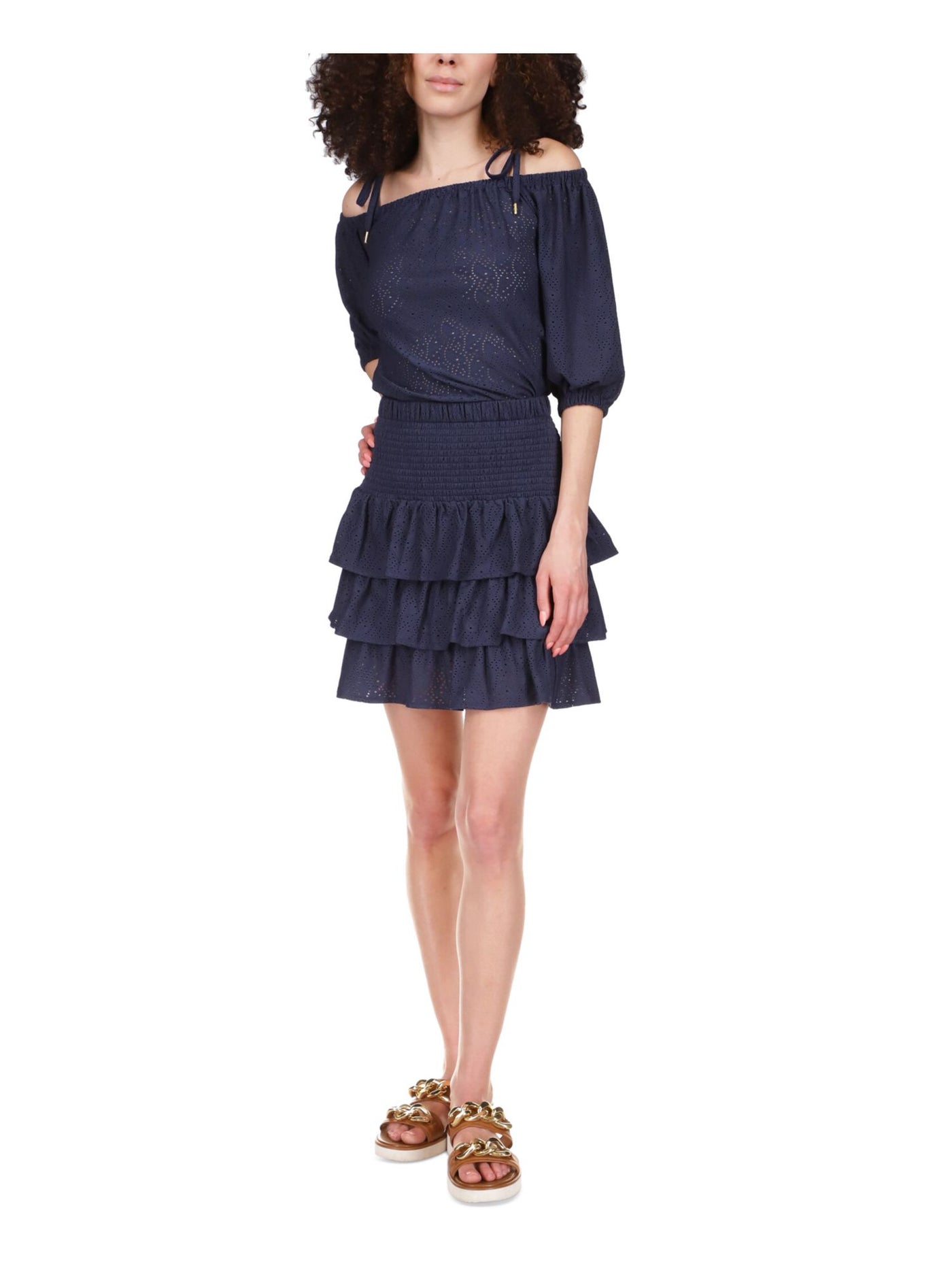 MICHAEL MICHAEL KORS Womens Navy Eyelet Smocked Tiered Short Ruffled Skirt XS