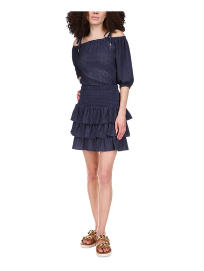 MICHAEL MICHAEL KORS Womens Navy Eyelet Smocked Tiered Short Ruffled Skirt XL