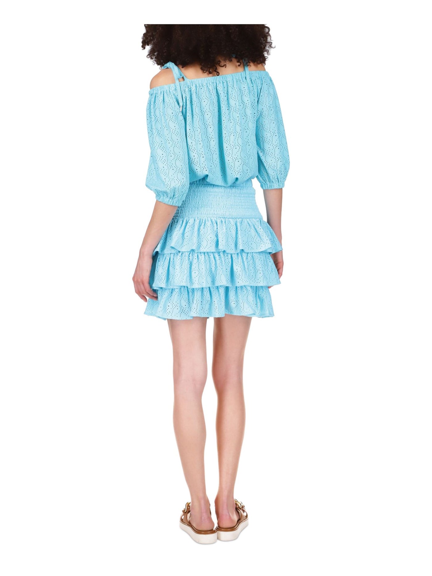 MICHAEL MICHAEL KORS Womens Turquoise Eyelet Smocked Tiered Lined Ruffled Pull On Above The Knee A-Line Skirt XXS