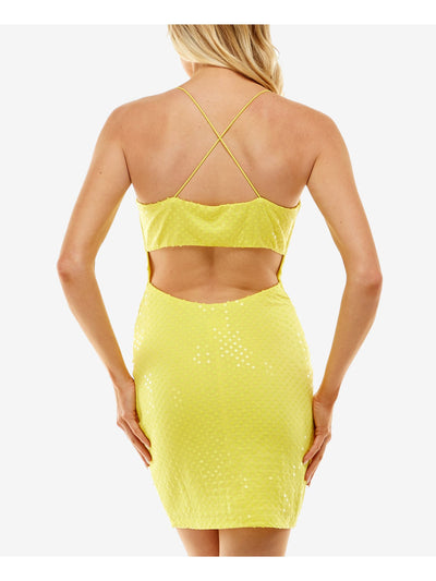 B DARLIN Womens Yellow Sequined Cut Out Strappy Back Lined Pullover Spaghetti Strap Cowl Neck Mini Party Body Con Dress XL