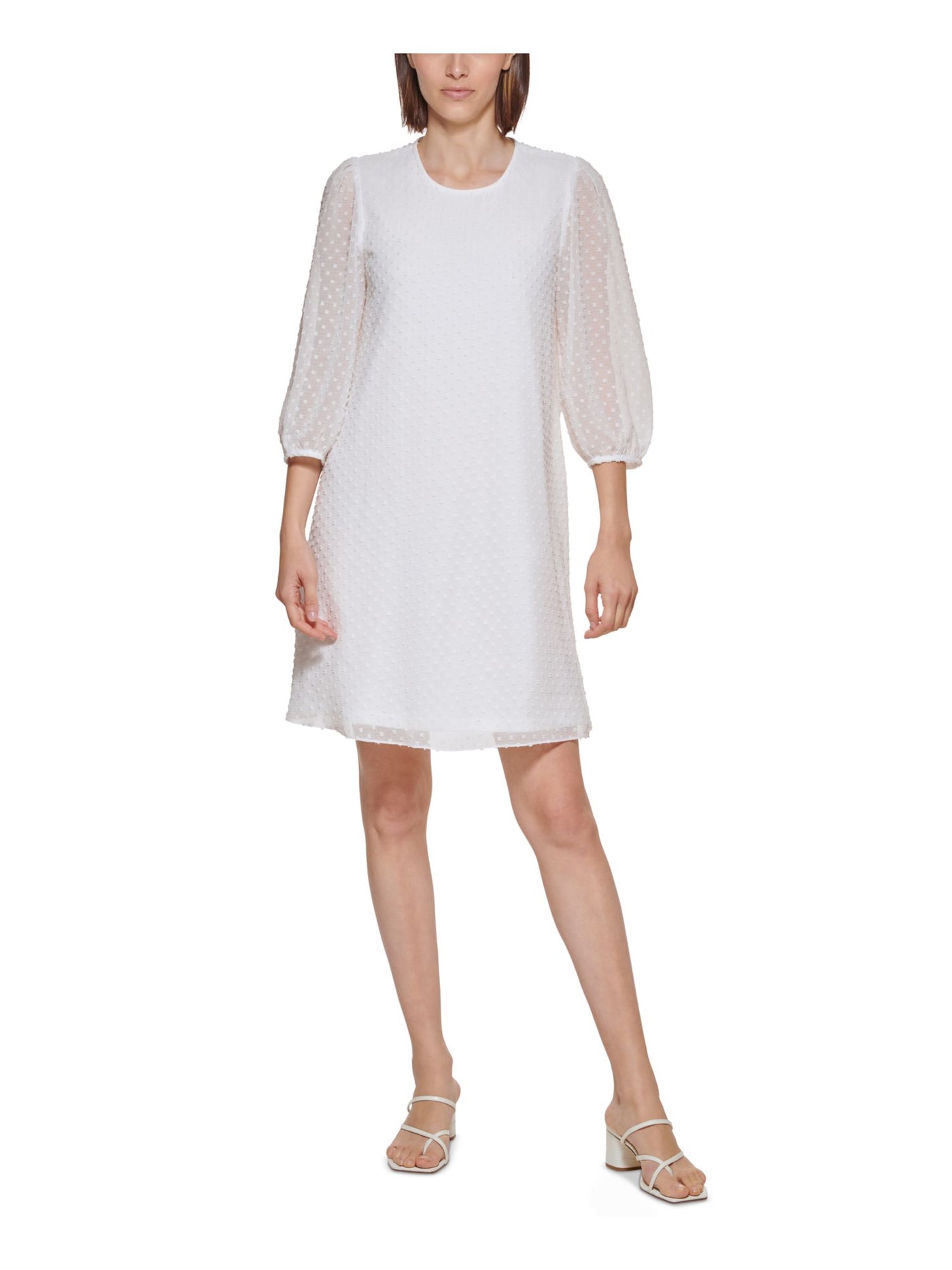 CALVIN KLEIN Womens White Sheer Swiss Dots Keyhole Closure Lined 3/4 Sleeve Round Neck Above The Knee Shift Dress 2