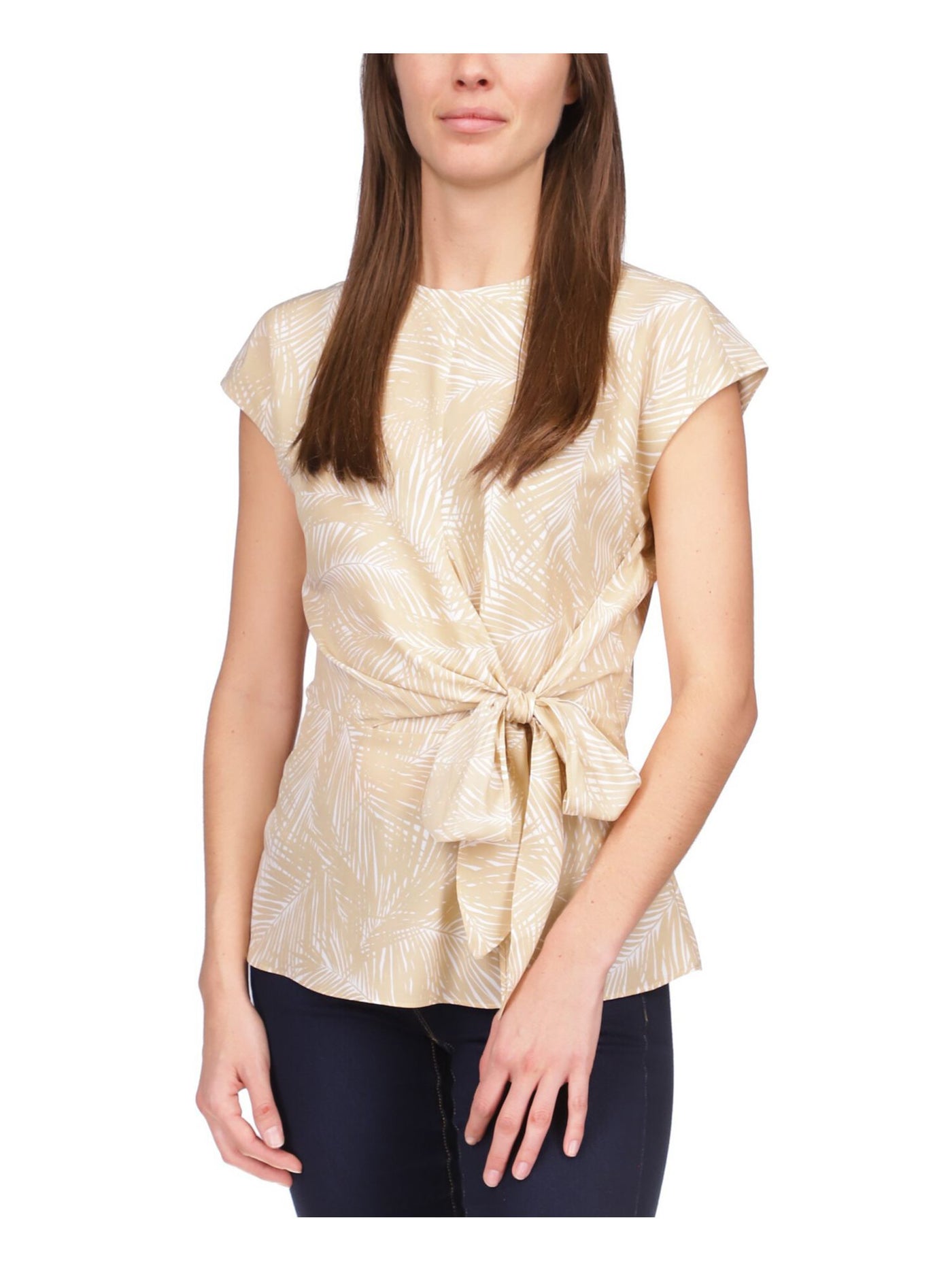 MICHAEL MICHAEL KORS Womens Beige Tie Sheer Keyhole Closure Round Hem Printed Cap Sleeve Crew Neck Wrap Top XS