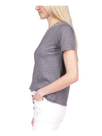 MICHAEL MICHAEL KORS Womens Gray Short Sleeve Asymmetrical Neckline Top L