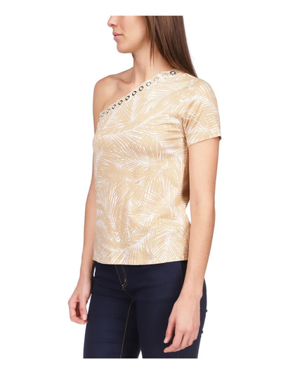 MICHAEL MICHAEL KORS Womens Beige Sheer Logo Tab Grommet Detail Printed Short Sleeve Asymmetrical Neckline Top XL