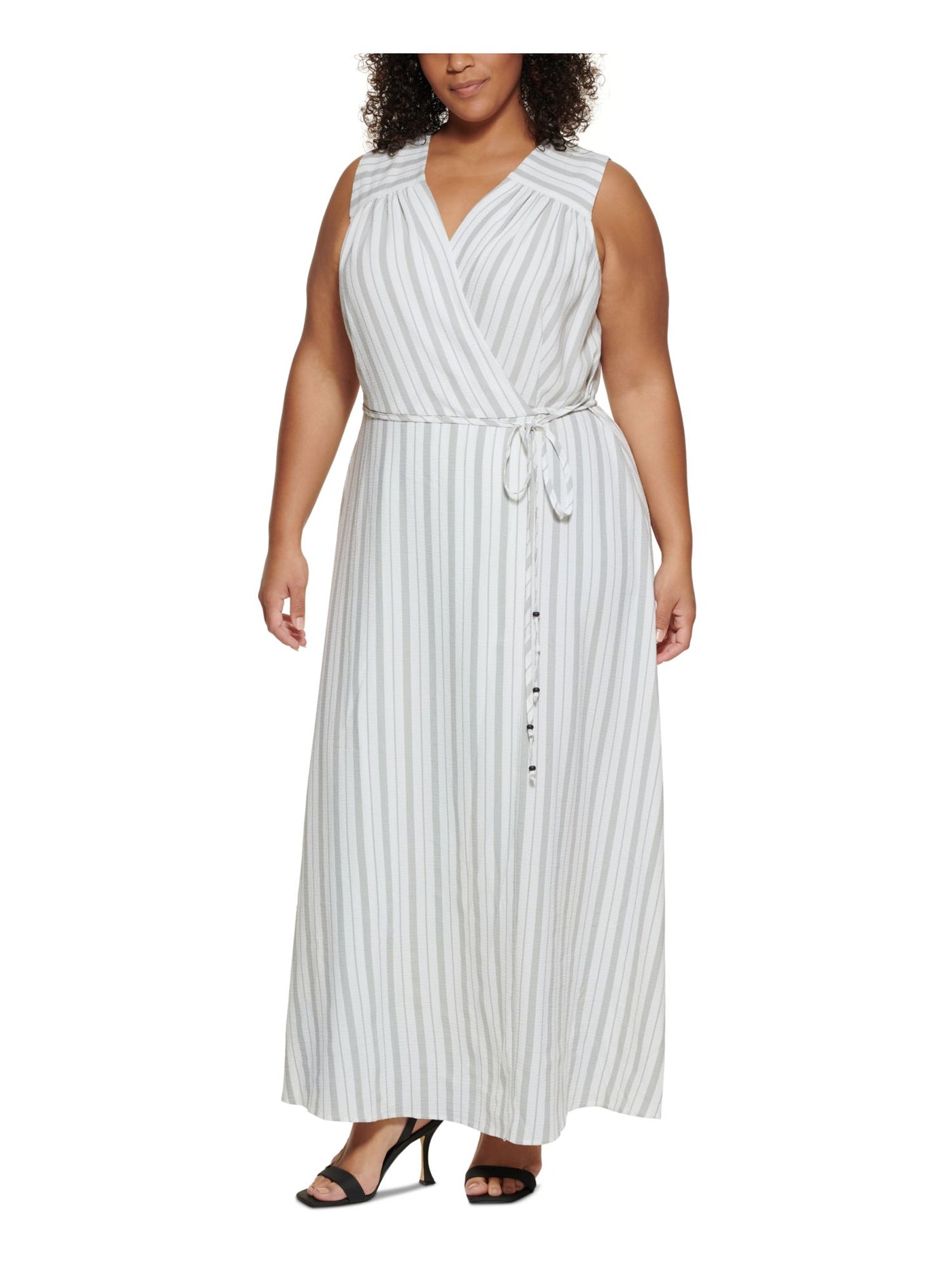 CALVIN KLEIN Womens White Zippered Ruched Unlined Tie Belt Striped Sleeveless Surplice Neckline Maxi Faux Wrap Dress Plus 14W