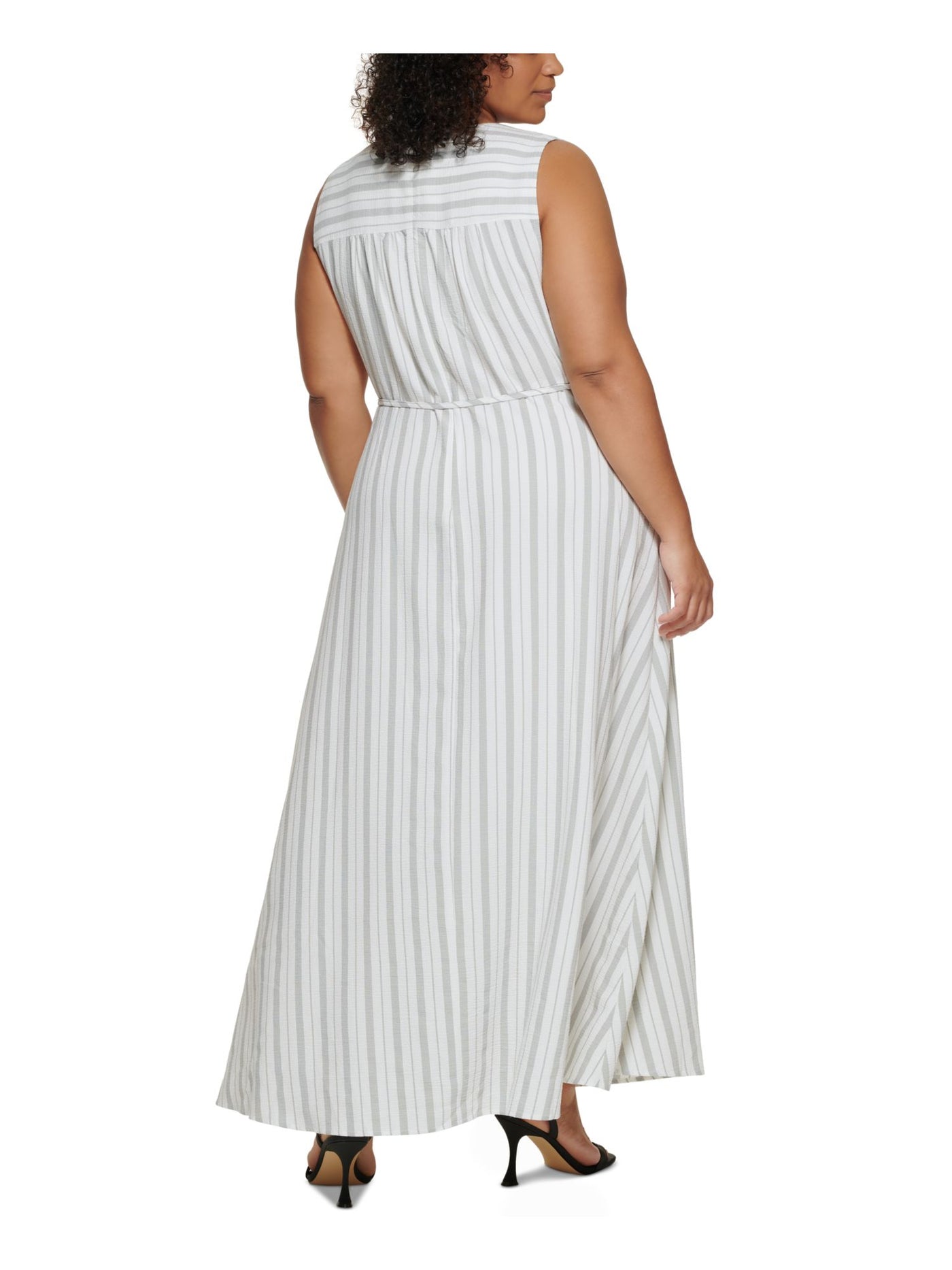 CALVIN KLEIN Womens White Zippered Ruched Unlined Tie Belt Striped Sleeveless Surplice Neckline Maxi Faux Wrap Dress Plus 14W