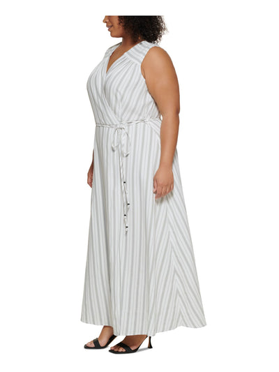 CALVIN KLEIN Womens White Zippered Ruched Unlined Tie Belt Striped Sleeveless Surplice Neckline Maxi Faux Wrap Dress Plus 14W