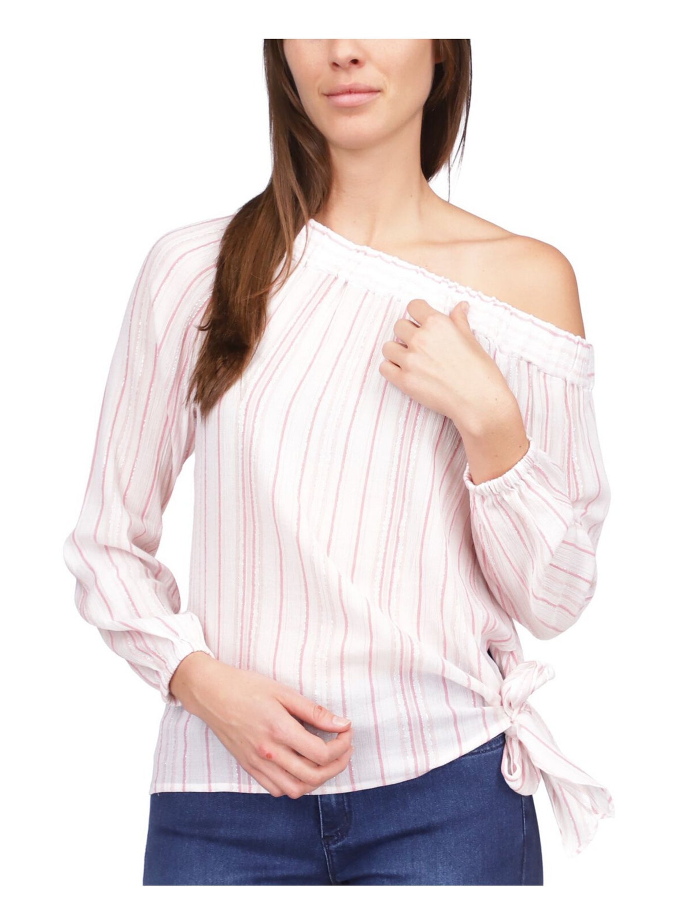 MICHAEL MICHAEL KORS Womens Pink Metallic Tie Side Hem Striped Long Sleeve Asymmetrical Neckline Top XS