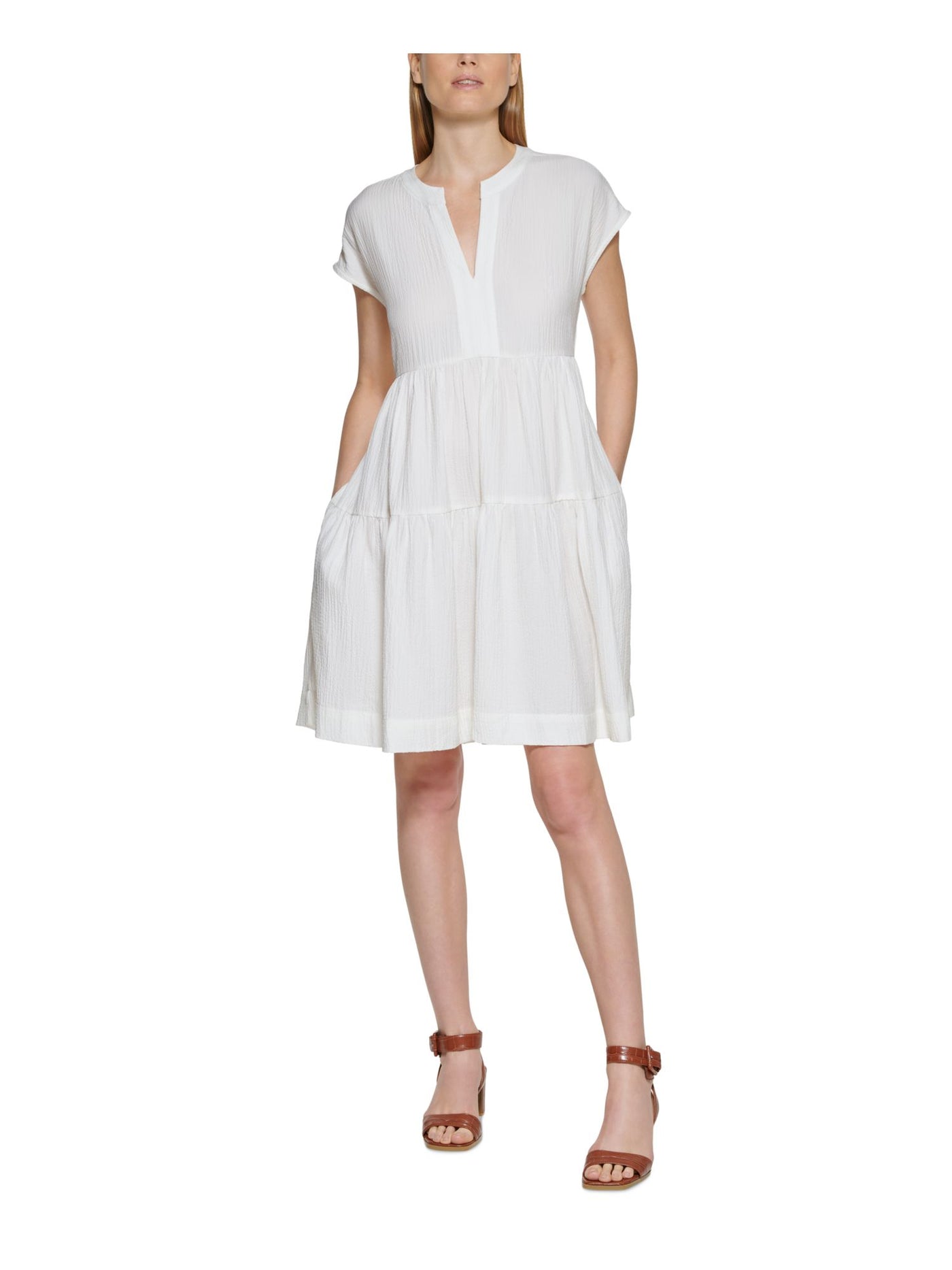 CALVIN KLEIN Womens White Textured Pocketed Back Tie Short Sleeve Split Above The Knee Shift Dress 6