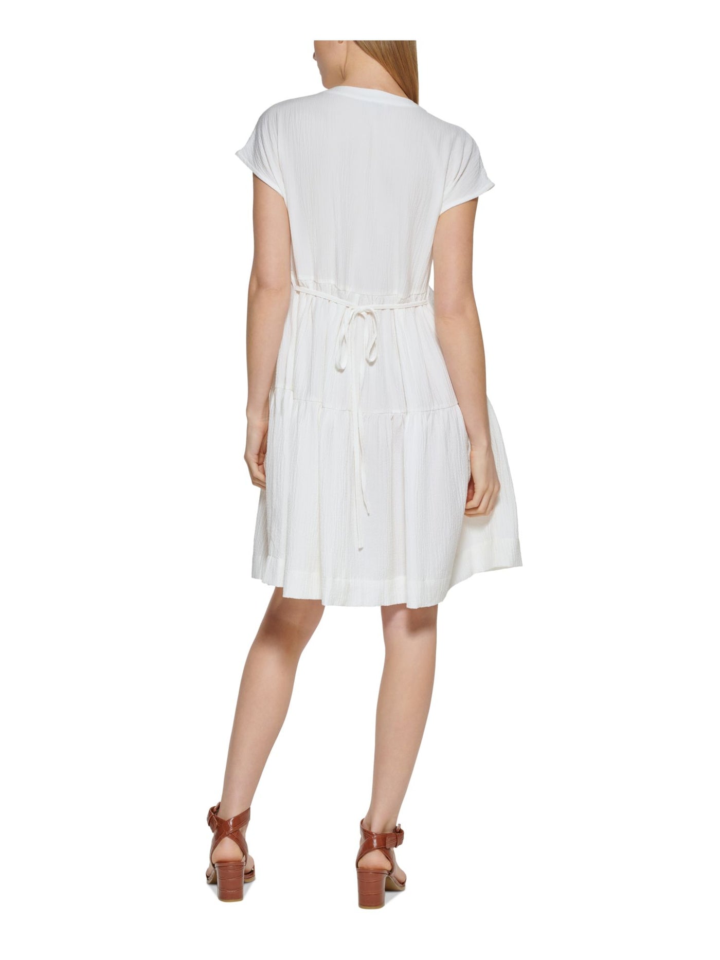 CALVIN KLEIN Womens White Textured Pocketed Back Tie Short Sleeve Split Above The Knee Shift Dress 6