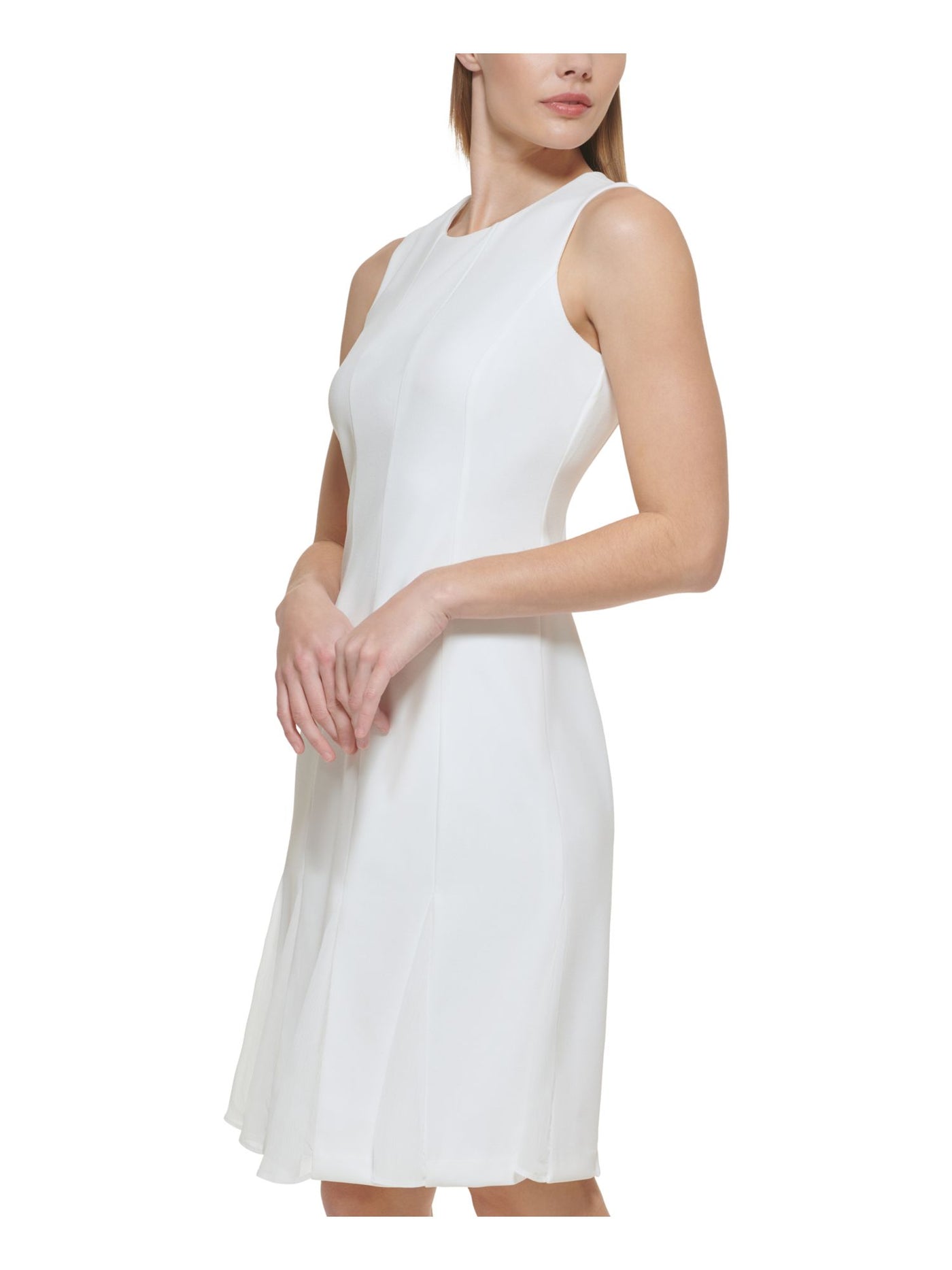 CALVIN KLEIN Womens Ivory Zippered Chiffon Godet Skirt Insets Lined Sleeveless Round Neck Above The Knee Sheath Dress 4