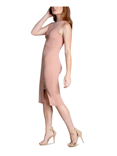 DRESS THE POPULATION Womens Pink Zippered Embellished Mesh Inset Lined Slitted Sleeveless Round Neck Knee Length Wear To Work Sheath Dress XL