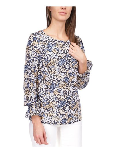 MICHAEL MICHAEL KORS Womens Navy Cut Out Ruffled Monogram Hardware Floral Long Sleeve Scoop Neck Wear To Work Top XXS