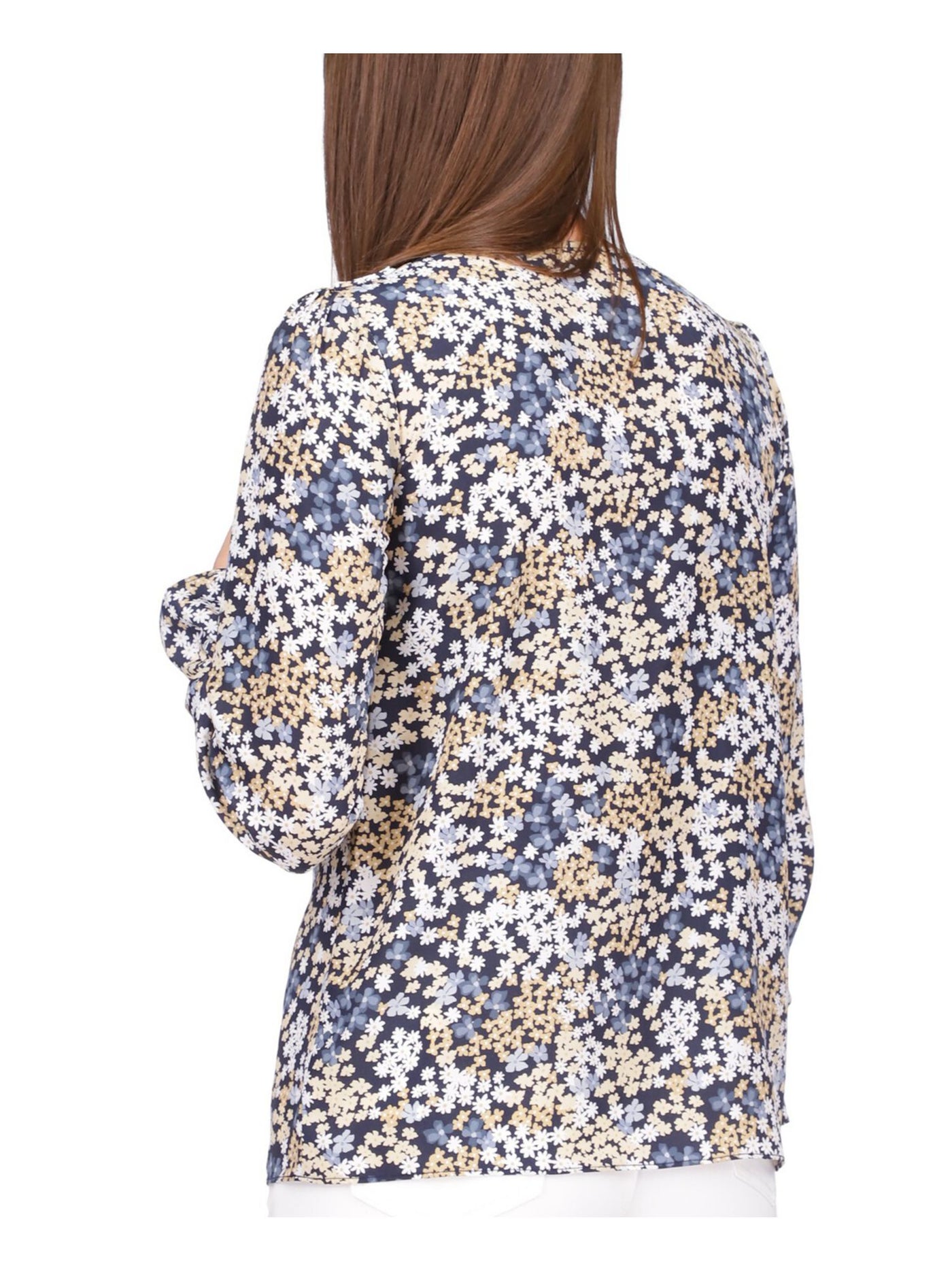 MICHAEL MICHAEL KORS Womens Navy Cut Out Ruffled Monogram Hardware Floral Long Sleeve Scoop Neck Wear To Work Top XXS