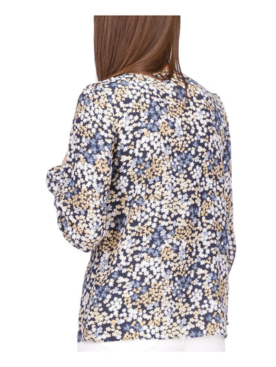 MICHAEL MICHAEL KORS Womens Navy Cut Out Ruffled Monogram Hardware Floral Long Sleeve Scoop Neck Wear To Work Top XXS