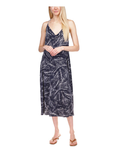 MICHAEL MICHAEL KORS Womens Navy Open Back Unlined Chain-link Halter Strap Printed Sleeveless Cowl Neck Midi Shift Dress M