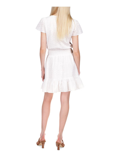 MICHAEL MICHAEL KORS Womens White Smocked Ruffled Pullover Lined Flutter Sleeve Surplice Neckline Short Fit + Flare Dress Petites P\XL