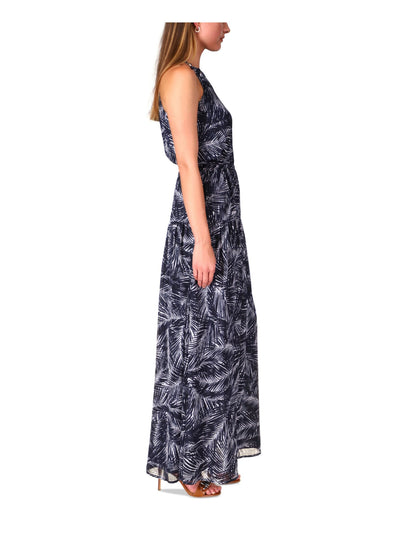 MICHAEL KORS Womens Navy Lined Elastic Waist Pullover Printed Sleeveless Halter Maxi Blouson Dress Petites P\S