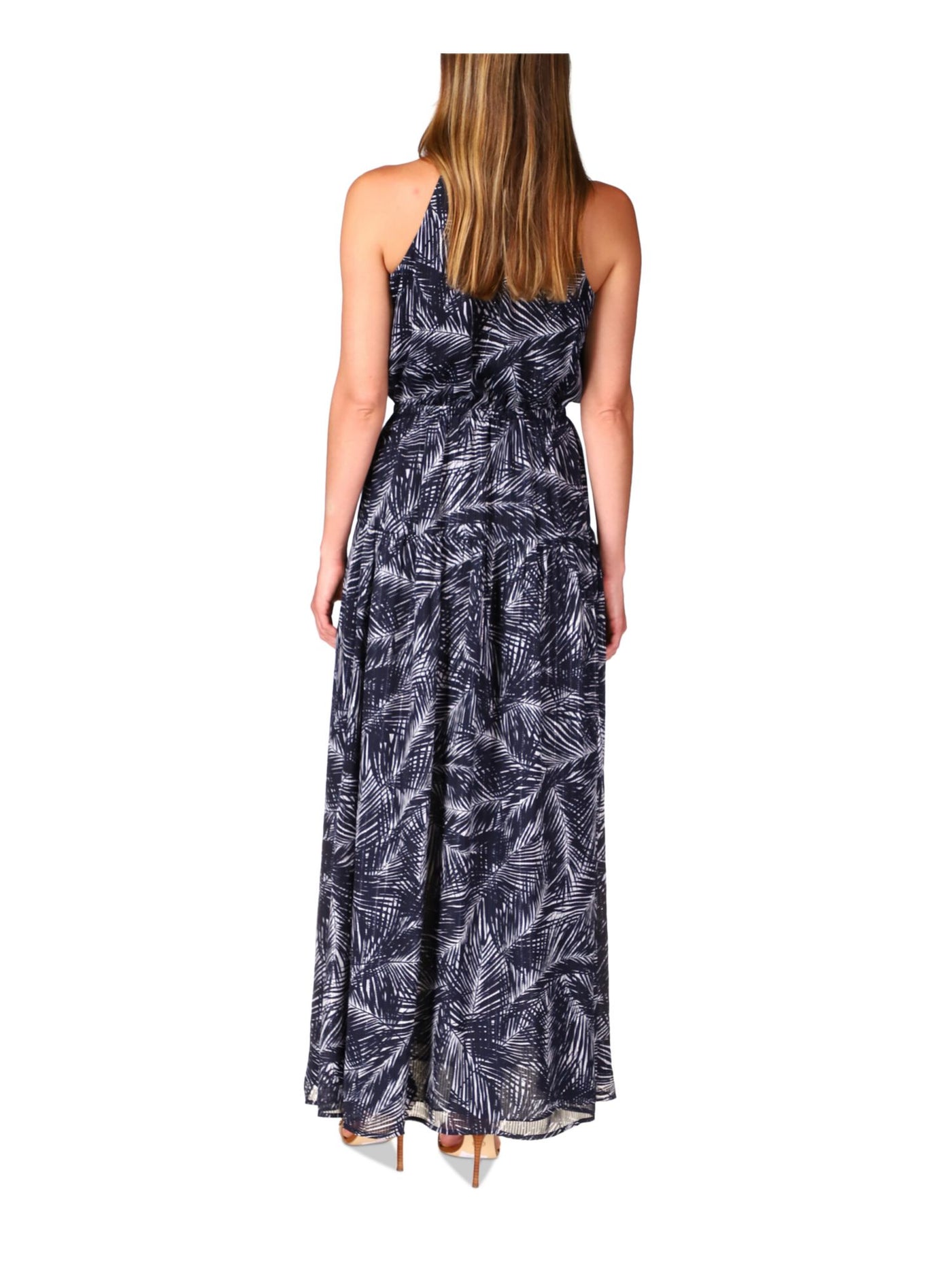 MICHAEL KORS Womens Navy Lined Elastic Waist Pullover Printed Sleeveless Halter Maxi Blouson Dress Petites P\S