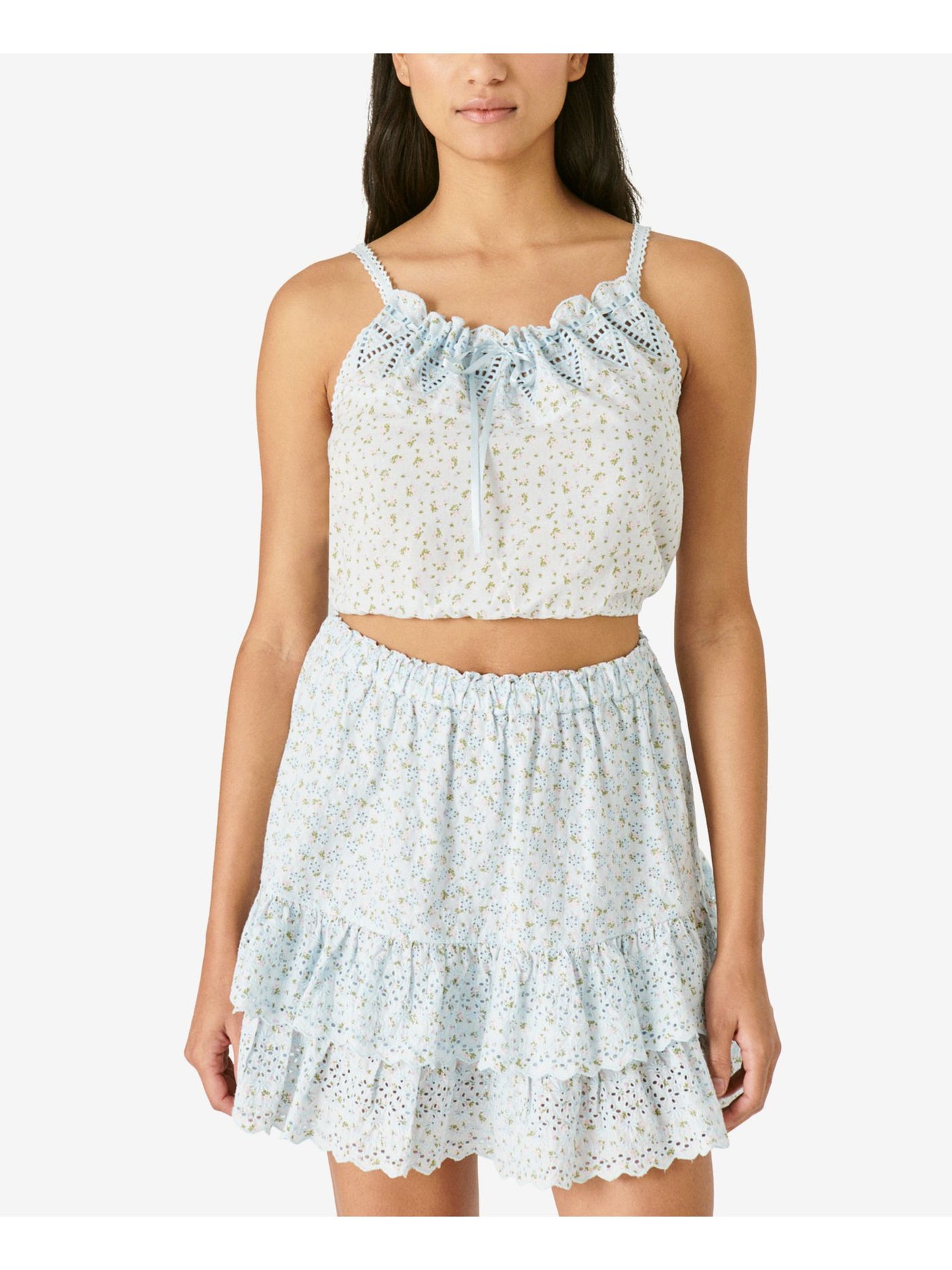 LUCKY BRAND Womens Light Blue Eyelet Ruffled Tiered Lined Elastic Waist Floral Short A-Line Skirt XL