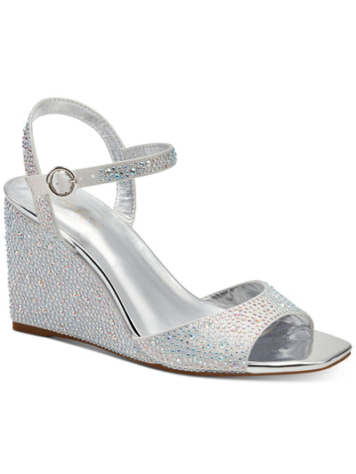 THALIA SODI Womens Silver Mixed Media Ankle Strap Padded Vira Square Toe Wedge Buckle Dress Slingback Sandal 7.5 M