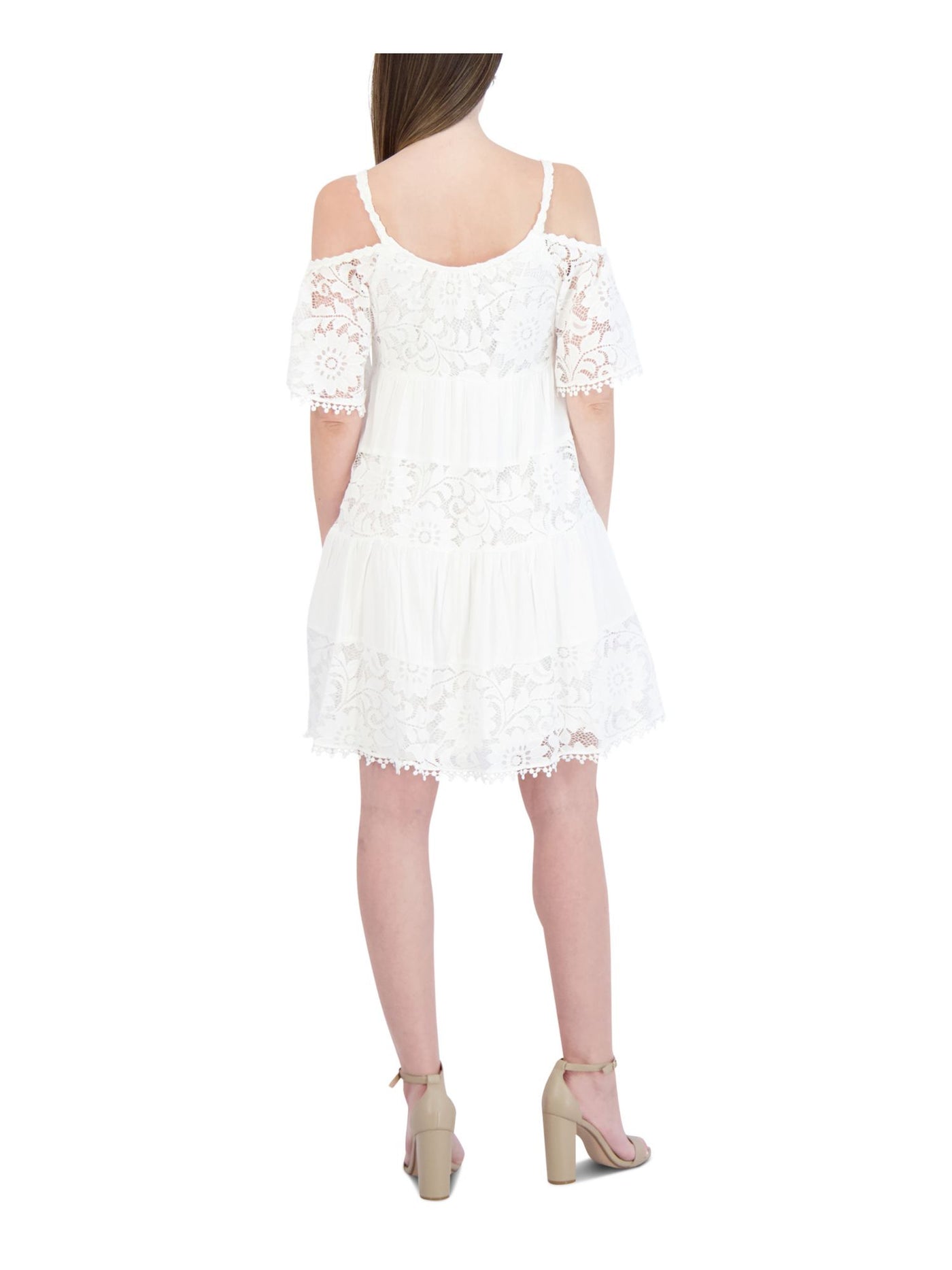 SIGNATURE BY ROBBIE BEE Womens White Stretch Lace Cold Shoulder Zippered Lined Floral Elbow Sleeve Round Neck Knee Length Formal Fit + Flare Dress Petites PM