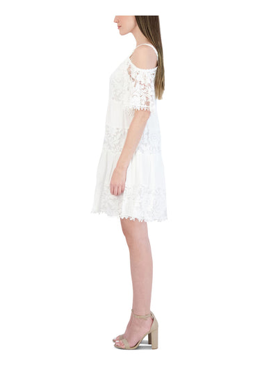 SIGNATURE BY ROBBIE BEE Womens White Stretch Lace Cold Shoulder Zippered Lined Floral Elbow Sleeve Round Neck Knee Length Formal Fit + Flare Dress Petites PM