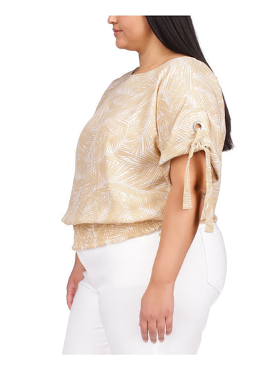 MICHAEL MICHAEL KORS Womens Beige Smocked Tie Grommet Cuffs Printed Cuffed Sleeve Boat Neck Top Plus 0X
