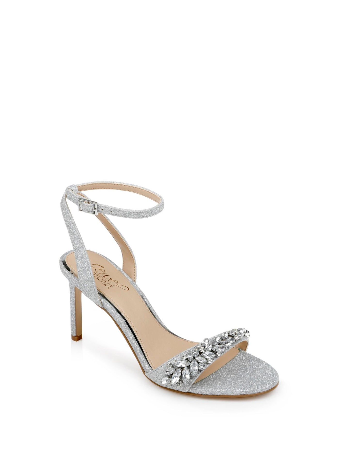 JEWEL BADGLEY MISCHKA Womens Silver Glitter Embellished Ankle Strap Padded Dallyce Round Toe Stiletto Buckle Dress Heeled Sandal 7.5 M