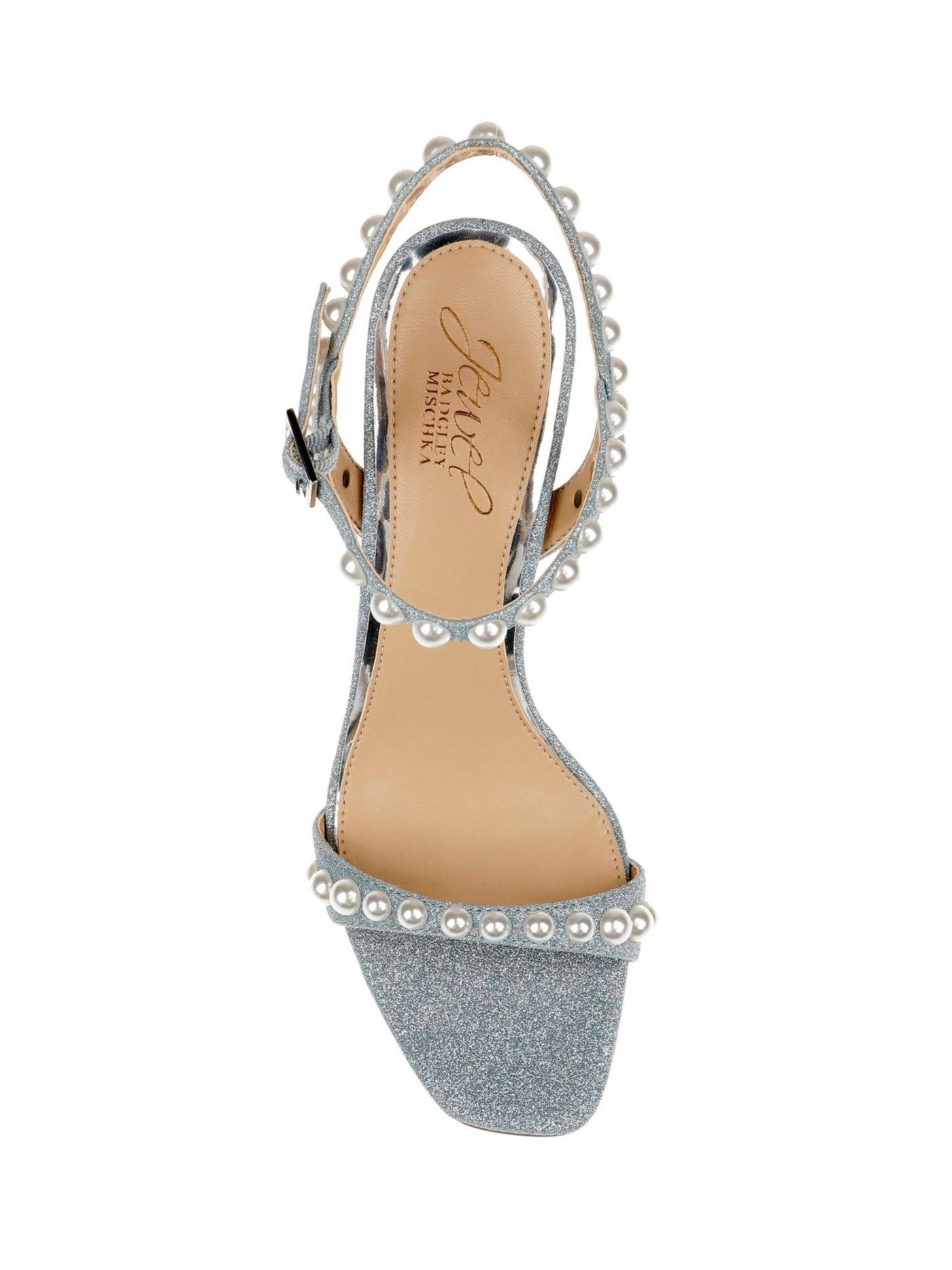 JEWEL BADGLEY MISCHKA Womens Light Blue Mixed Media Glitter Pearls Padded Embellished Damaris Square Toe Stiletto Buckle Dress Heeled Sandal 9.5