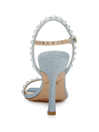 JEWEL BADGLEY MISCHKA Womens Light Blue Mixed Media Glitter Pearls Padded Embellished Damaris Square Toe Stiletto Buckle Dress Heeled Sandal 9.5