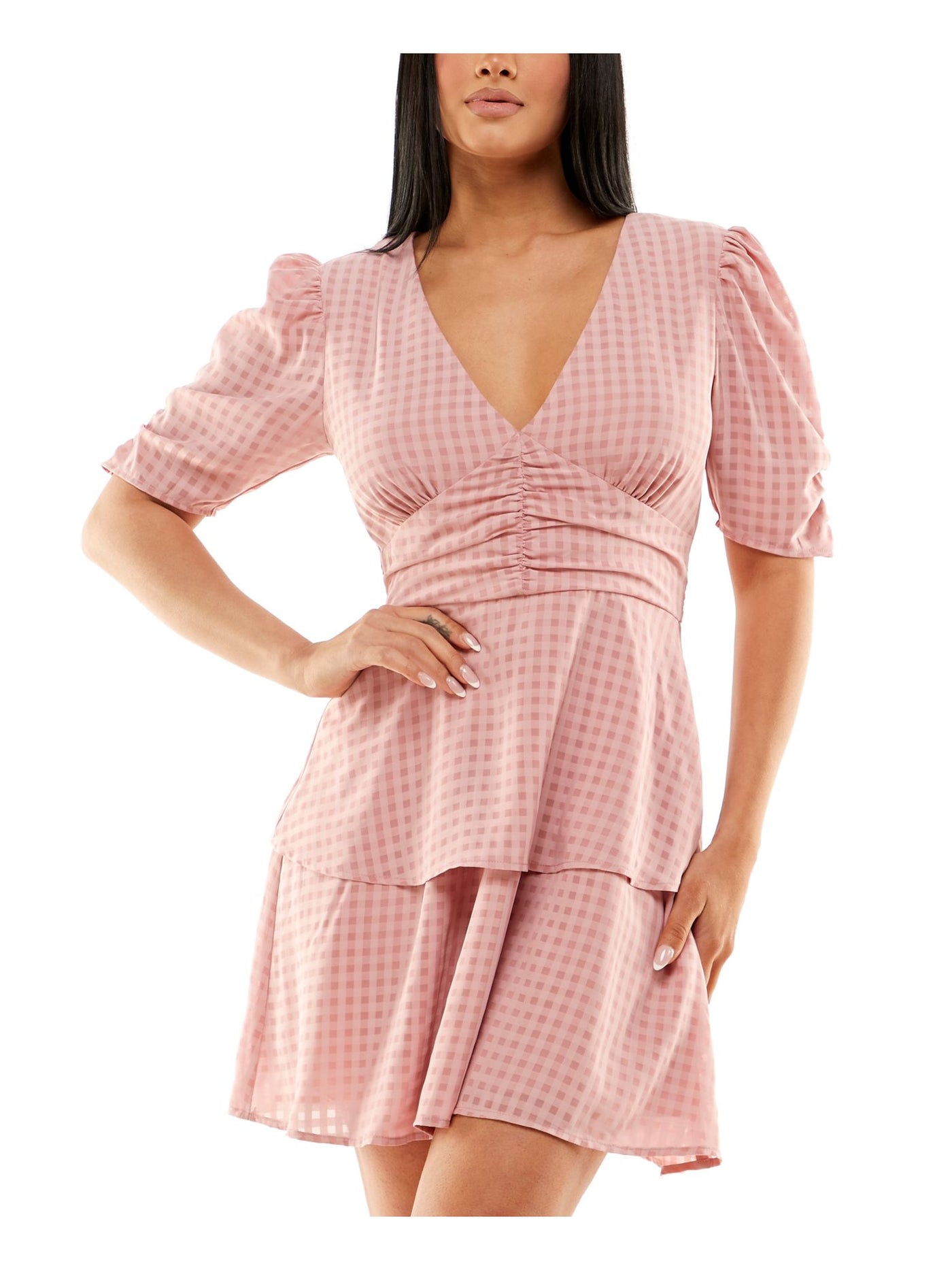 SPEECHLESS Womens Pink Ruched Zippered Back Tie Tiered Skirt Lined Gingham Short Sleeve V Neck Short Party Fit + Flare Dress S