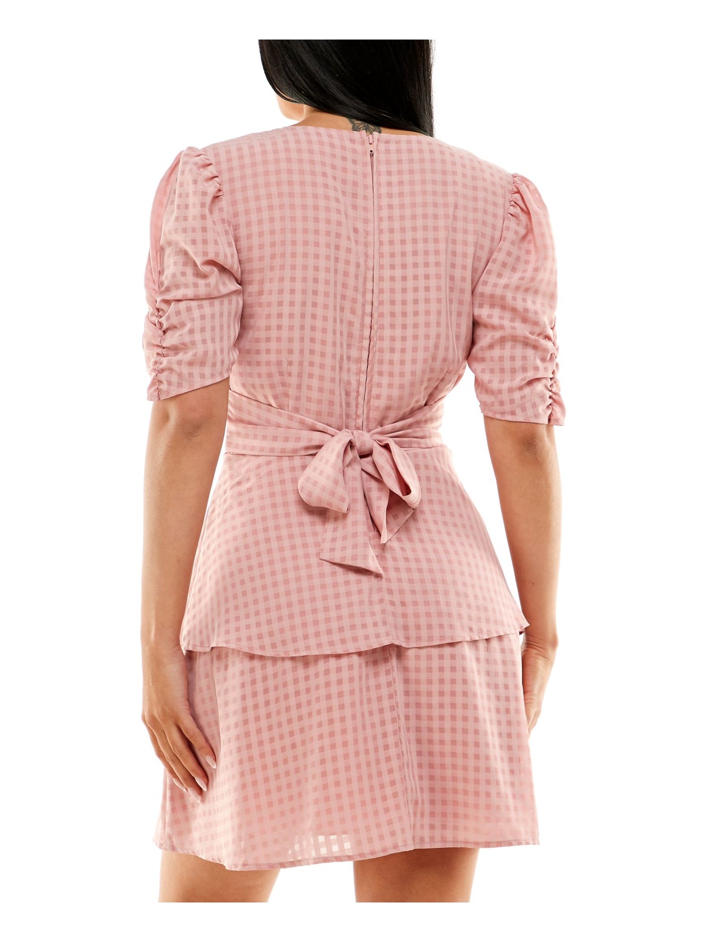 SPEECHLESS Womens Pink Ruched Zippered Back Tie Tiered Skirt Lined Gingham Short Sleeve V Neck Short Party Fit + Flare Dress M