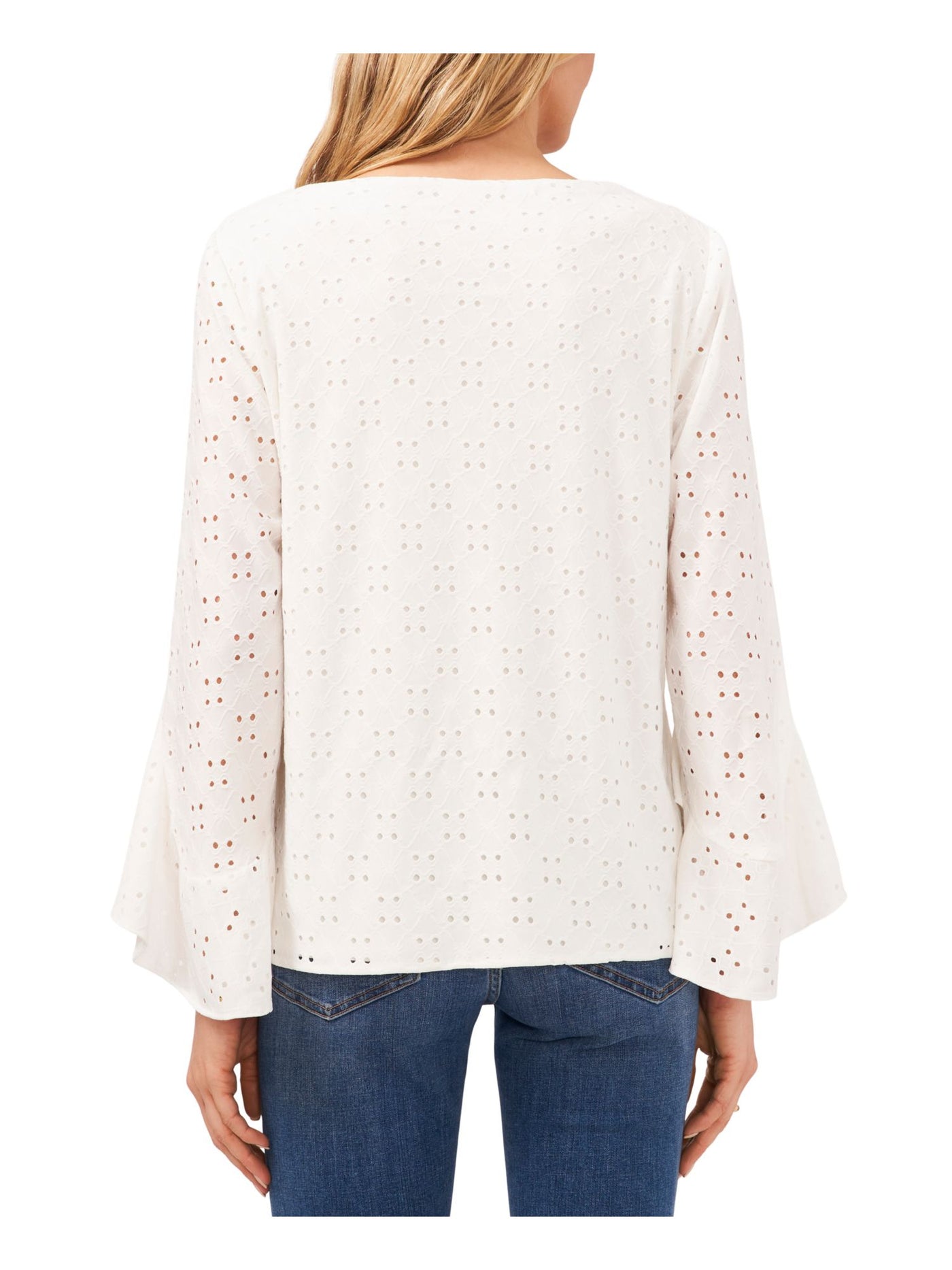 VINCE CAMUTO Womens White Eyelet Ruffled Lined Asymmetrical Hem Gathered Bell Sleeve V Neck Top XS