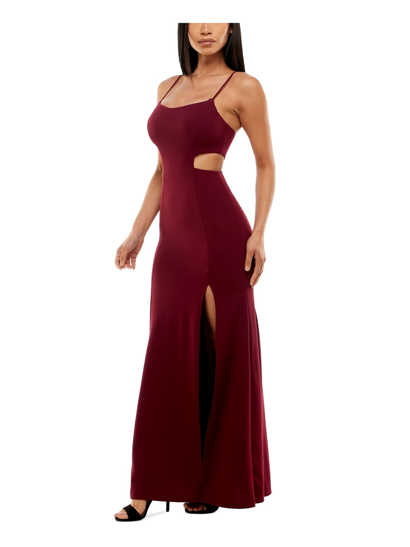 JUMP APPAREL Womens Burgundy Stretch Cut Out Zippered Thigh High Slit Scuba Crepe Spaghetti Strap Scoop Neck Full-Length Prom Gown Dress 5\6