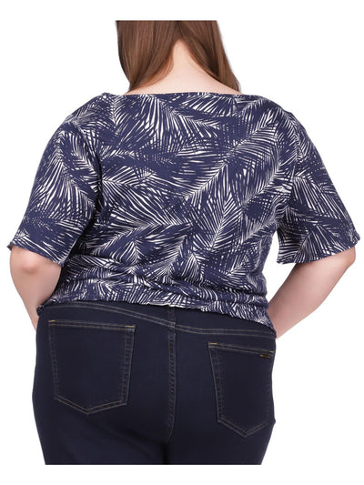 MICHAEL KORS Womens Navy Smocked Sheer Printed Short Sleeve Crew Neck Top Plus 2X