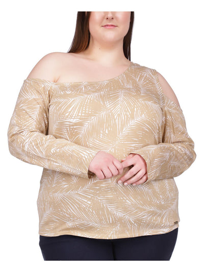 MICHAEL KORS Womens Beige Cold Shoulder Printed Long Sleeve Asymmetrical Neckline Top Plus 3X