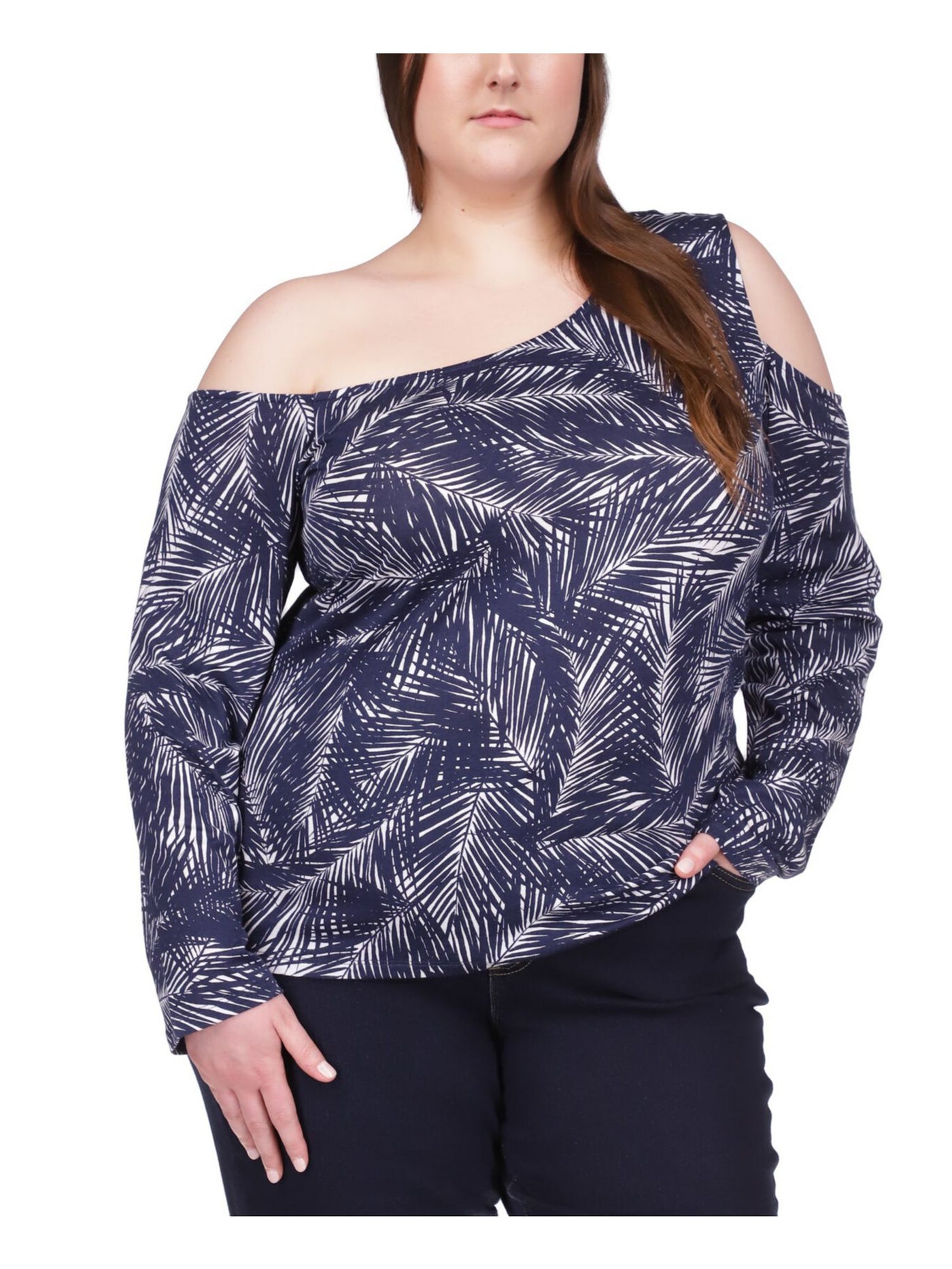 MICHAEL MICHAEL KORS Womens Navy Cold Shoulder Printed Long Sleeve Asymmetrical Neckline Top Plus 1X